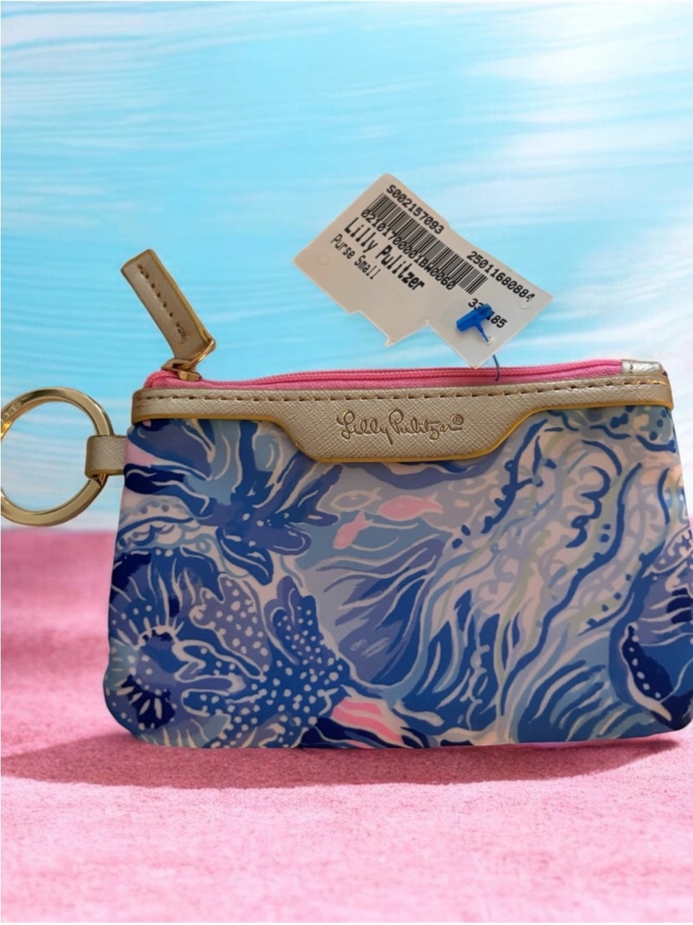 NWT ~ Lilly Pulitzer Blue Pink Floral Wristlet Gold Accent Card Holder/Keychain